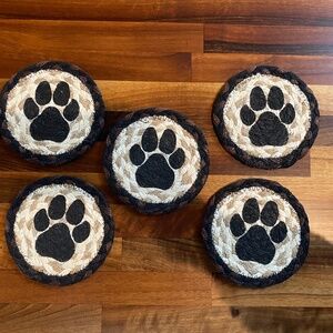 SET OF 5 PAW PRINT BRAIDED COASTERS BLACK AND TAN